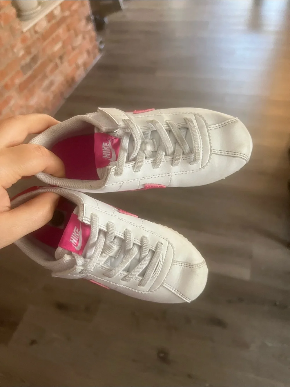 Nike Kids White Sneaker with Pink Swoosh Cortez 11c